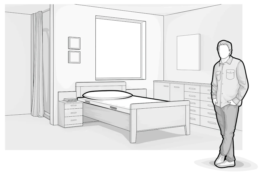 Illustration: Zwei ältere Personen stehen in einem Schlafzimmer mit Doppelbett samt BODYGUARD® Matratze und halten einander im Arm.